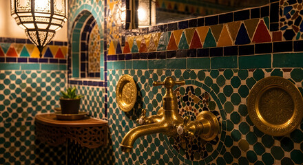 Obraz premium Opulent Moroccan Bathroom Interior With Intricate Tilework and Golden Fixtures