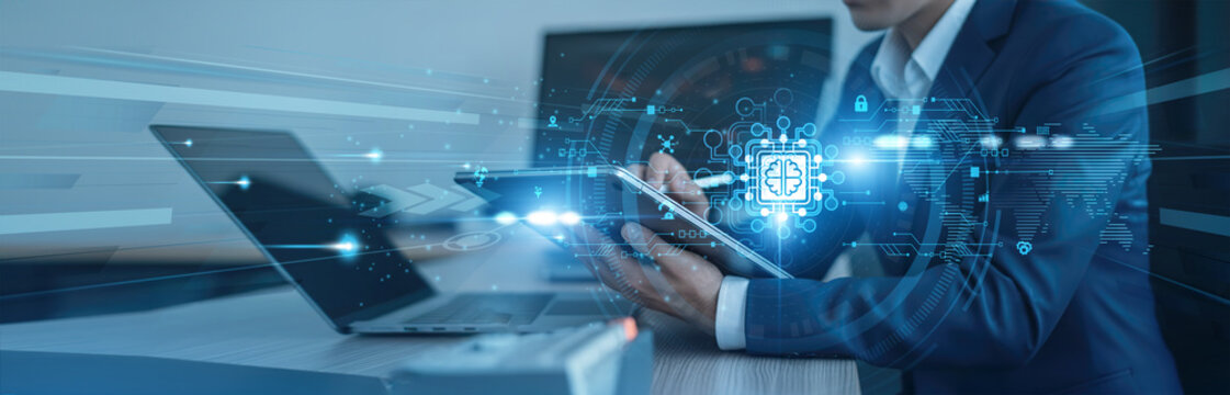 Machine learning, predictive analytics Businessman using tab with analysis data of growth to expand global connection, data-driven insights, algorithm optimization, intelligent systems