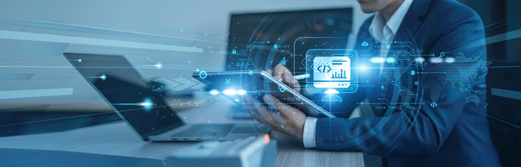 Coding frameworks, agile methods Businessman using tab with analysis data of growth to software development global connection, application building, debugging, version control, deployment optimization