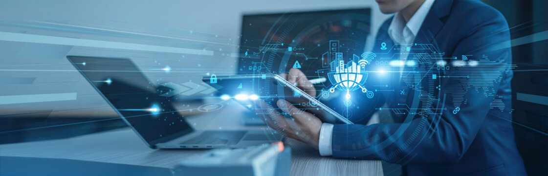 Urban automation, IoT integration Businessman using tab with analysis data of growth to smart city global connection, traffic management, energy optimization, digital governance, public services - Powered by Adobe