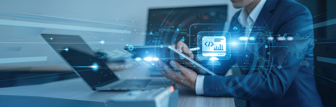 Coding frameworks, agile methods Businessman using tab with analysis data of growth to software development global connection, application building, debugging, version control, deployment optimization