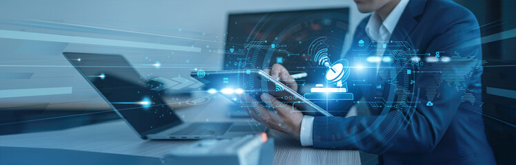 Connectivity networks, mobile communication Businessman using tab with analysis data of growth to telecommunications global connection, signal transmission, 5G networks, data communication