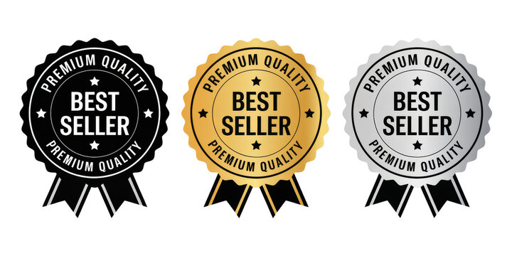 3d icon of set of three premium quality best seller badges in black, gold, and silver isolated on transparent background