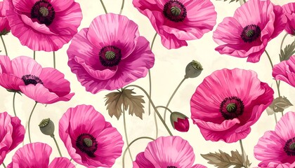 A delightful repeating pattern of vibrant pink poppies on a pale cream background.