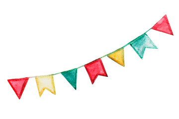 Colorful flags in red, yellow, green, and blue are strung together, adding a festive touch to the setting during a cheerful celebration or event.