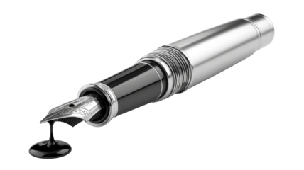 Close-up of a sleek, metallic fountain pen, ink dripping