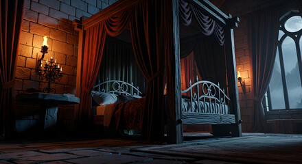 Fototapeta premium Mysterious Bedroom with Canopy Bed, Torches, and Dramatic Window View