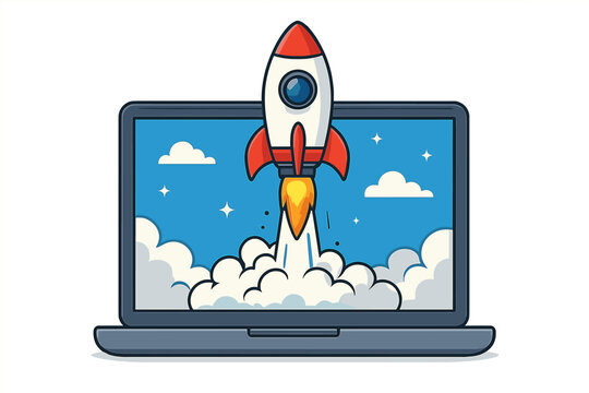 A rocket launching from a laptop screen symbolizes a new business startup and product launch, representing a successful, innovative business project with a creative idea illustrated in vector form