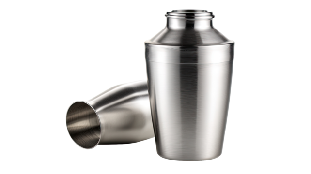 Two stainless steel cocktail shakers.  Shiny, brushed metal finish.  One shaker is slightly angled, the other is partially visible.  Elegant, simple design