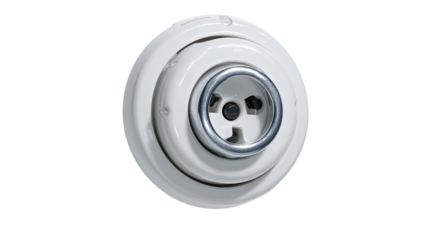 White recessed electrical outlet, chrome trim, wall, studio