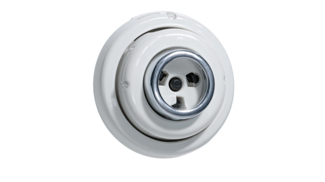 White recessed electrical outlet, chrome trim, wall, studio