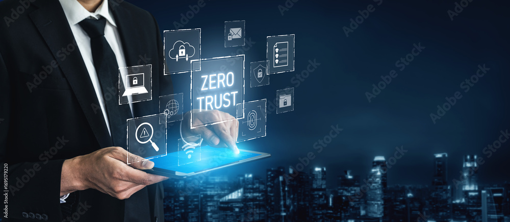 Poster zero trust model enhances data protection. zero trust blocks unauthorized access, secures devices, z