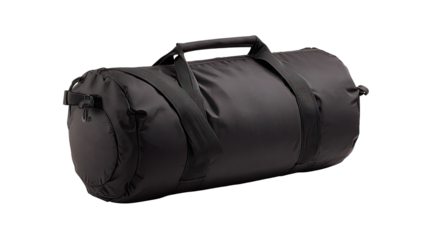 Dark cylindrical duffel bag