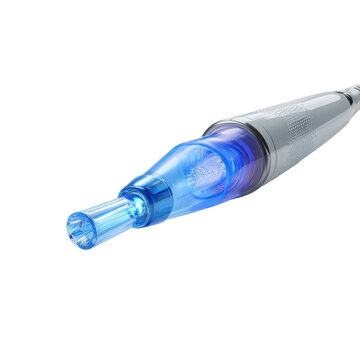 Close-up of a light-blue tipped, pointed medical device, likely for skin treatment.  The device is elongated and has a translucent, light-gray body