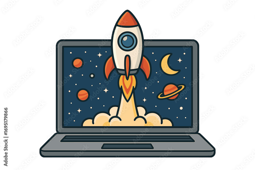 Aufkleber create a flat‑style vector illustration of a space rocket launch, including design elements for a bu