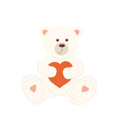 A cheerful soft toy teddy bear hugs an orange heart, showing love and warmth. Perfect for decorating a child's room and greeting cards.