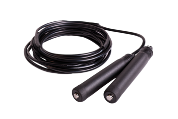 Black jump rope coiled and lying flat, handles and cord