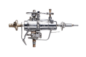 Naklejka premium Detailed view of a polished, complex mechanical engine. Components appear intricately linked, showcasing fine metalwork and gears. A shaft extends from the central section