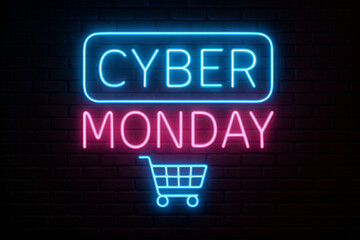 Neon Cyber Monday Sign with shopping cart with Blue and Pink Glow on Black Background