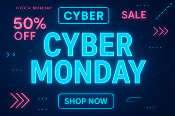 Cyber Monday Sale Banner with Neon Blue and Pink Text on a Digital Circuit Background 