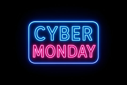 Neon Cyber Monday Sign in frame with Blue and Pink Glow on Black Background - Powered by Adobe