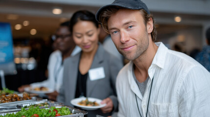 An inviting image showing a young male attendee enjoying a meal at a buffet during a networking event, surrounded by a range of delicious options and fellow participants.