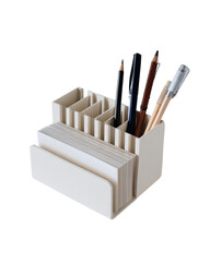 White desk organizer with pens, pencils, and cards