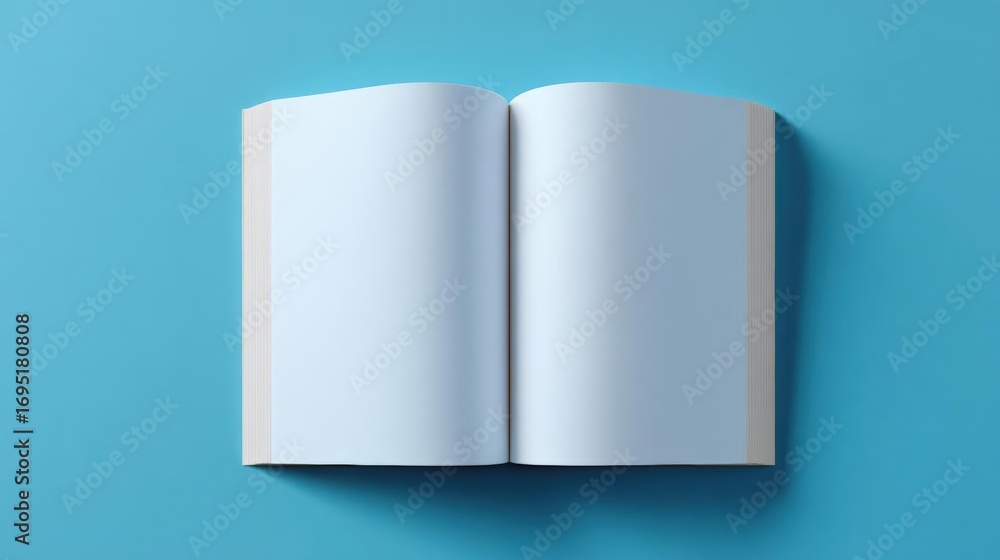 Poster 3d rendering of an open book or magazine. the book is lying flat on a light blue background. the pag