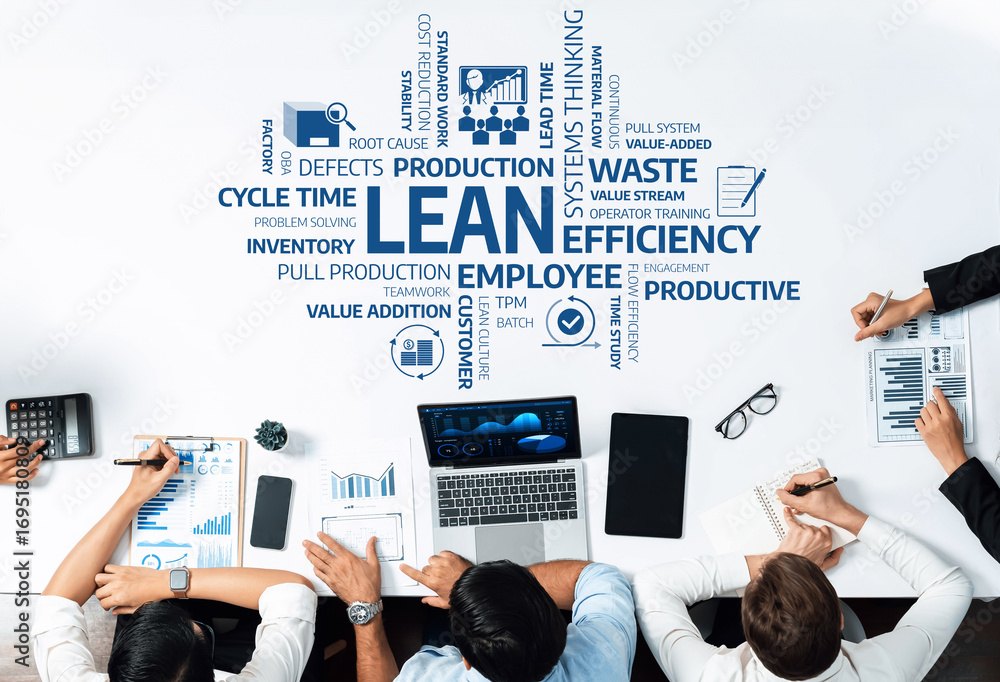 Poster a diverse group of professionals discusses lean management concepts at a digital workspace, focusing