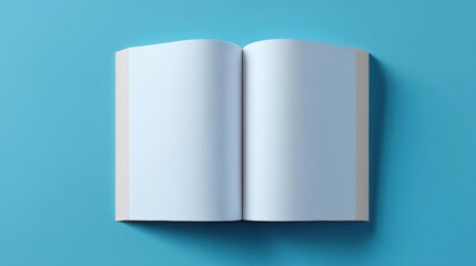 3d rendering of an open book or magazine. the book is lying flat on a light blue background. the pages of the book are white and appear to be blank, with no text or images on them.