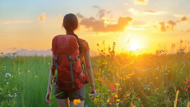 Woman traveler walking across open grassland under a warm colorful sunset sky
