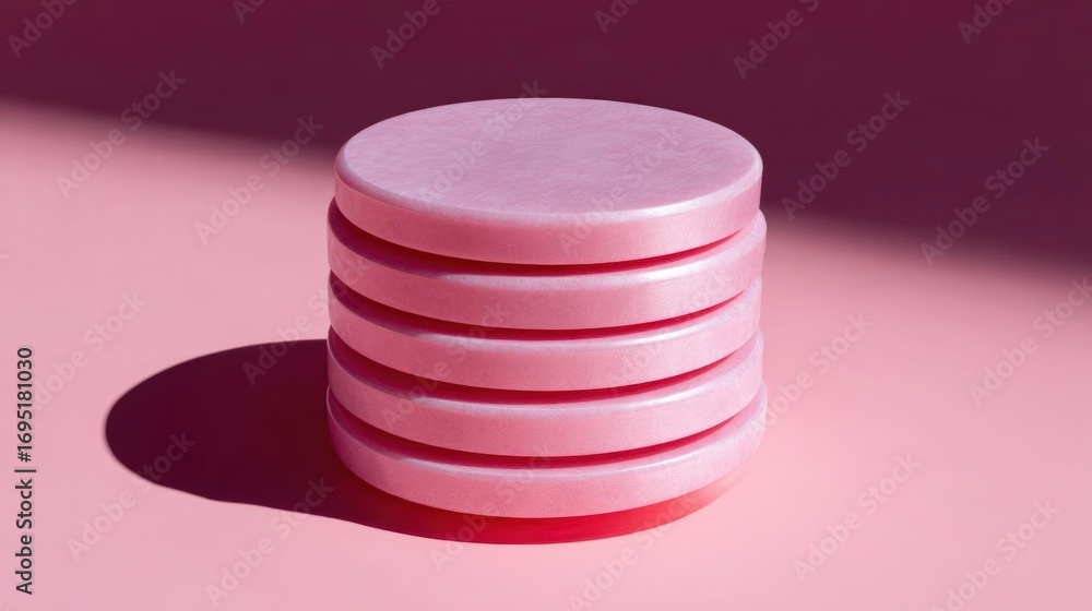 Poster stack of three pink circular objects on a pink background. the objects are arranged in a horizontal 