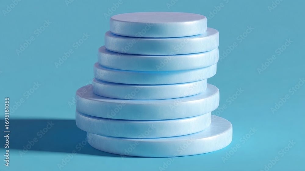 Poster stack of six white circular objects arranged in a pyramid-like structure on a light blue background.