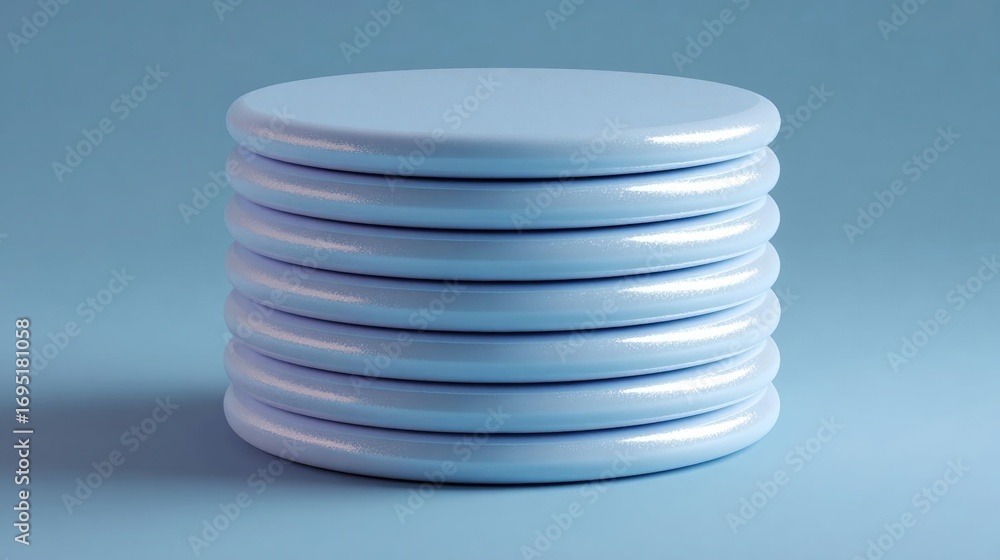 Poster stack of six white circular objects arranged in a horizontal line on a light blue background. the ob