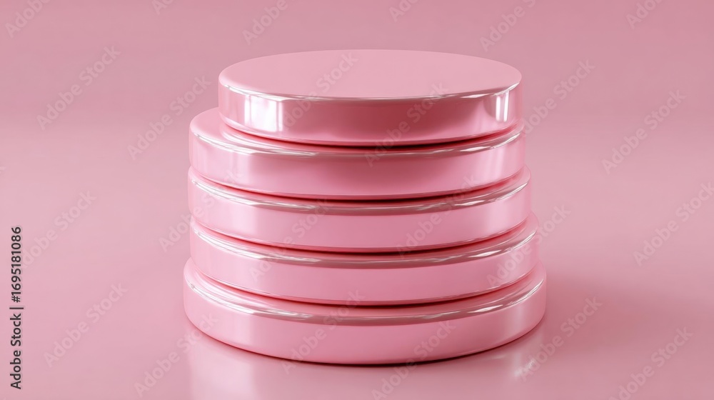 Poster stack of three round, pink-colored containers with lids. the containers are arranged in a horizontal