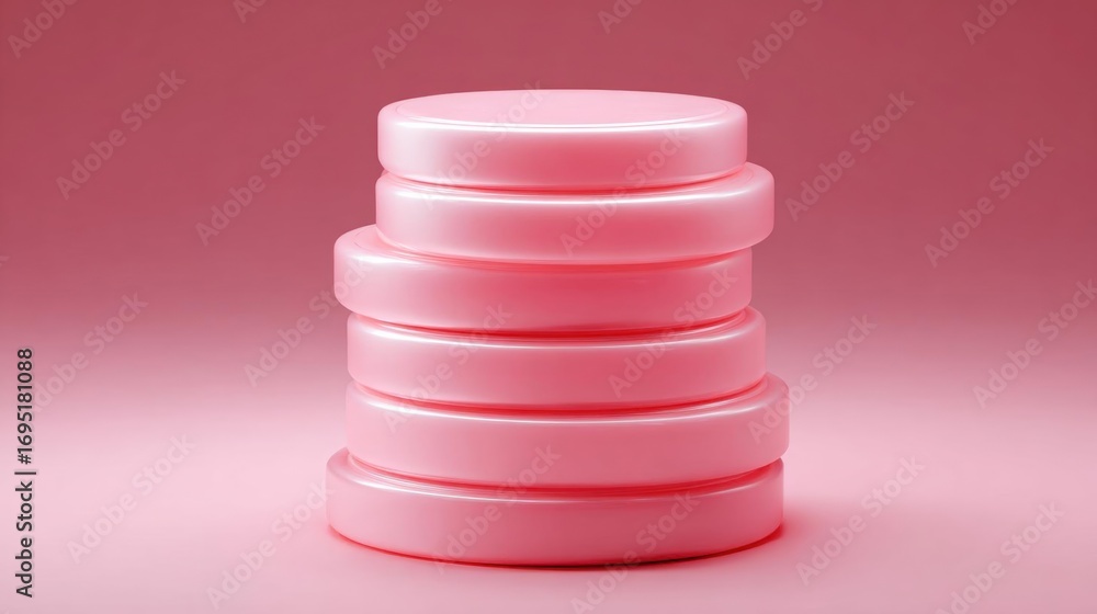Poster 3d rendering of a stack of pink circular objects on a pink background.