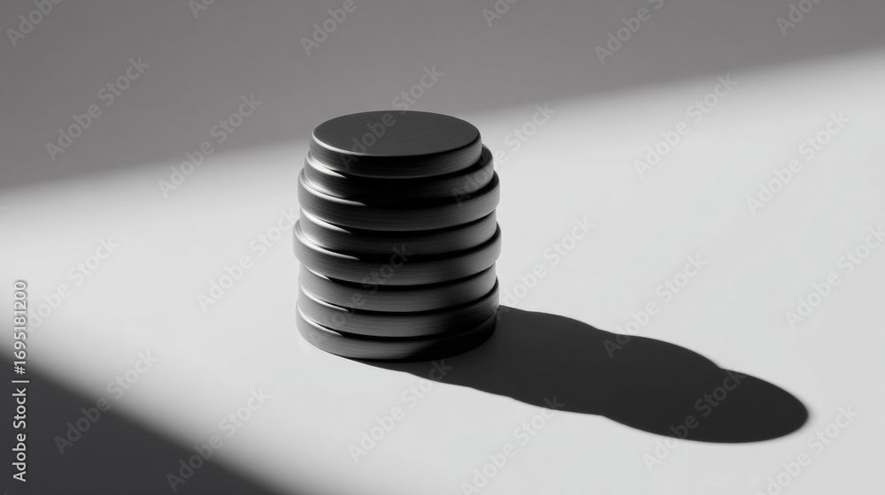 Poster black and white photograph of a stack of coins. the coins are arranged in a circular pattern, with t