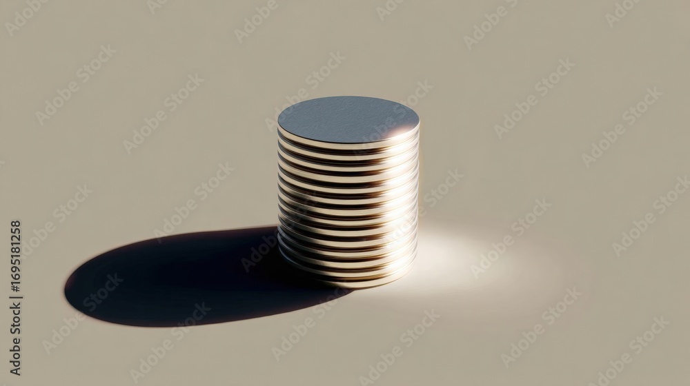 Poster stack of coins on a beige background. the coins are arranged in a cylindrical shape, with the topmos