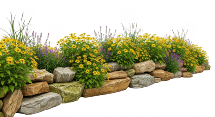 A stone retaining wall with yellow flowers and purple lavender isolated on transparent background