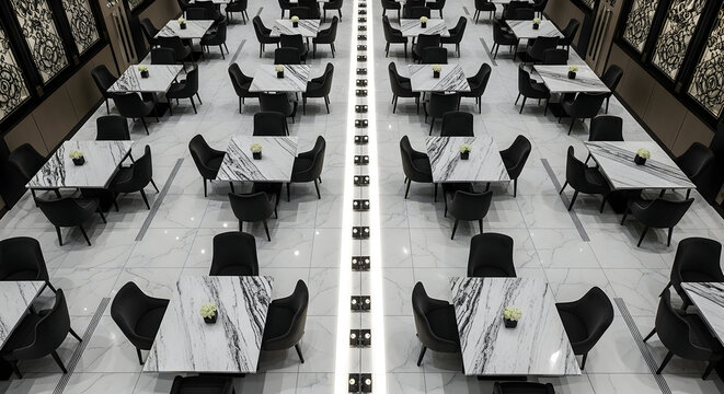 Overhead view of a modern restaurant interior with tables and chairs ready for service