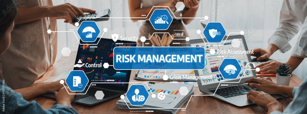 Poster explore advanced risk management strategies showcased in a collaborative business environment. this 