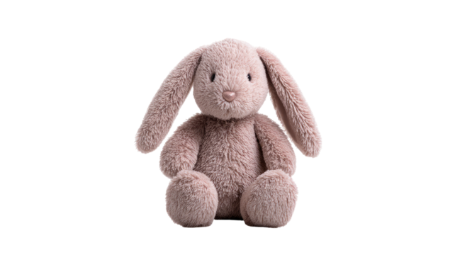A light taupe stuffed bunny toy sits facing forward.  Its plush fur is soft, and its large ears and round body are adorable.  It's clearly designed for a child
