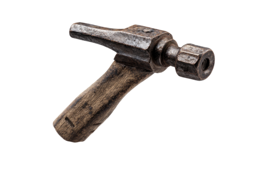 Close-up of an antique, hand-forged hammer with a wooden handle.  The metal head shows signs of age and use