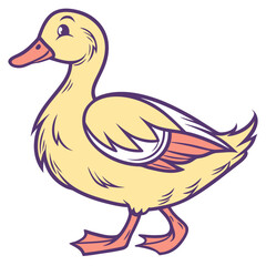 Cute yellow duckling walking in cartoon style