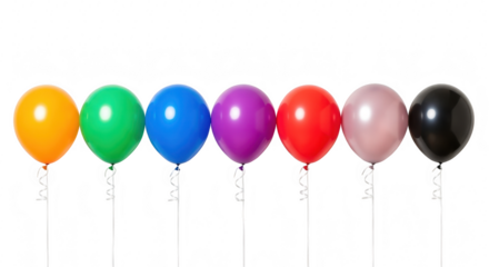 A row of seven colorful balloons floating against a transparent background, isolated on transparent background