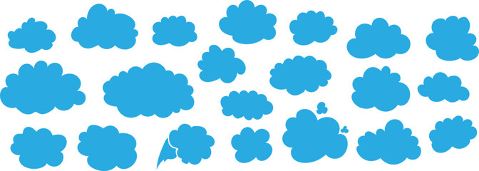 Vector set of comic clouds, boom effects, and speech bubbles in blue silhouettes. Perfect for pop art, retro style illustrations, creative backgrounds, posters, banners, and playful cartoon design pro