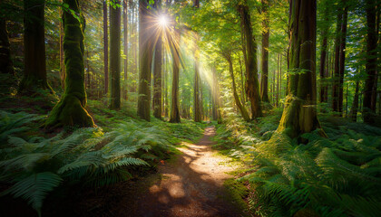 Obraz premium A Tranquil Forest Path With Sunlight Filtering Through The Trees Illustration Background