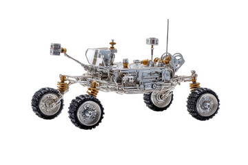 Detailed model of a space rover.  Features intricate mechanical components,  six wheels, and antenna, visible chassis.  Metallic finish