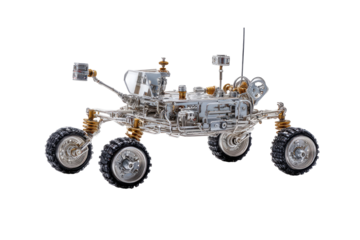 Detailed model of a space rover.  Features intricate mechanical components,  six wheels, and antenna, visible chassis.  Metallic finish