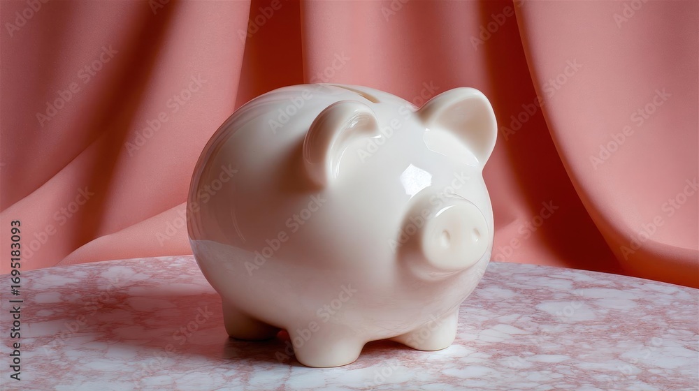 Poster white piggy bank sitting on a pink marble surface. the pig is facing towards the right side of the i